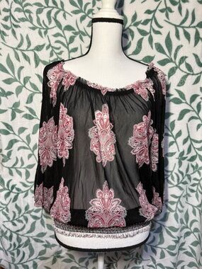 Women’s Black/Shear Blouse with Pink Paisley Print